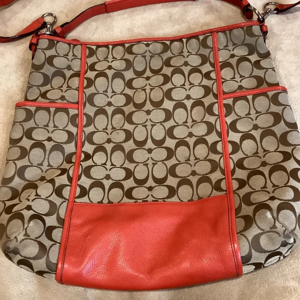 Coach Park Signature Hobo Shoulder Bag with Orange-Red Leather Trim - Picture 3 of 12